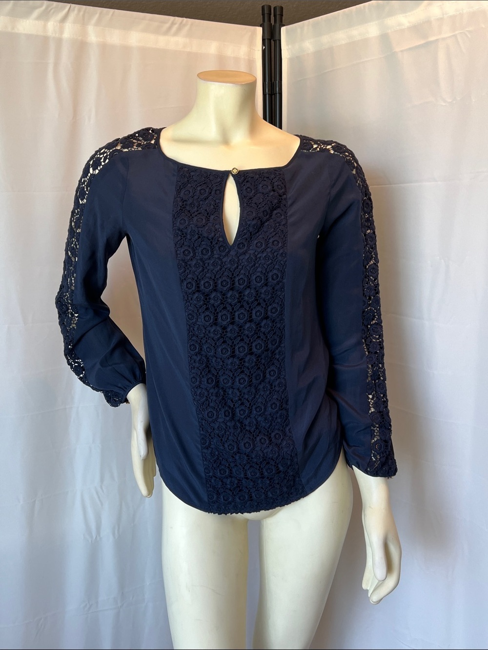 Tory Burch Navy Lace-Panel Long Sleeve Blouse